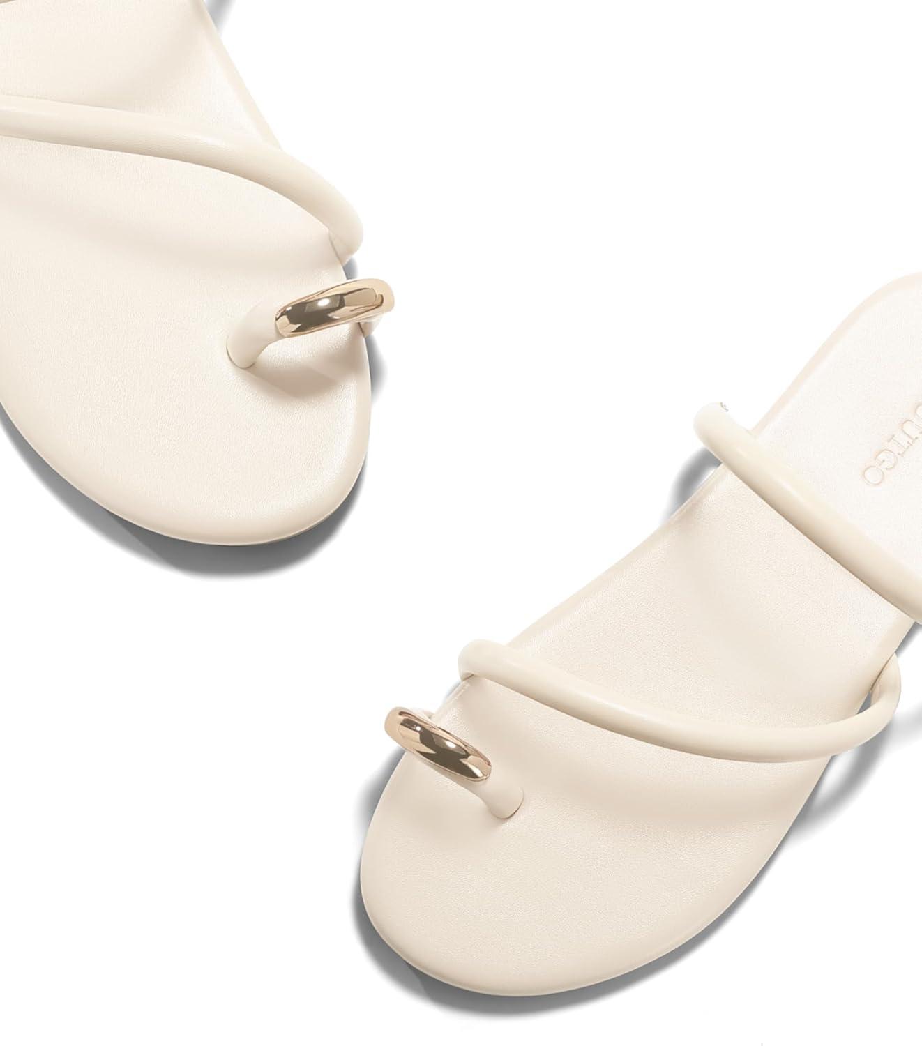 image:imageCoutgo Womens Strappy Flat Sandals Square Open Toe Flip Flops Slides Toe Ring Summer Dress ShoesBeige