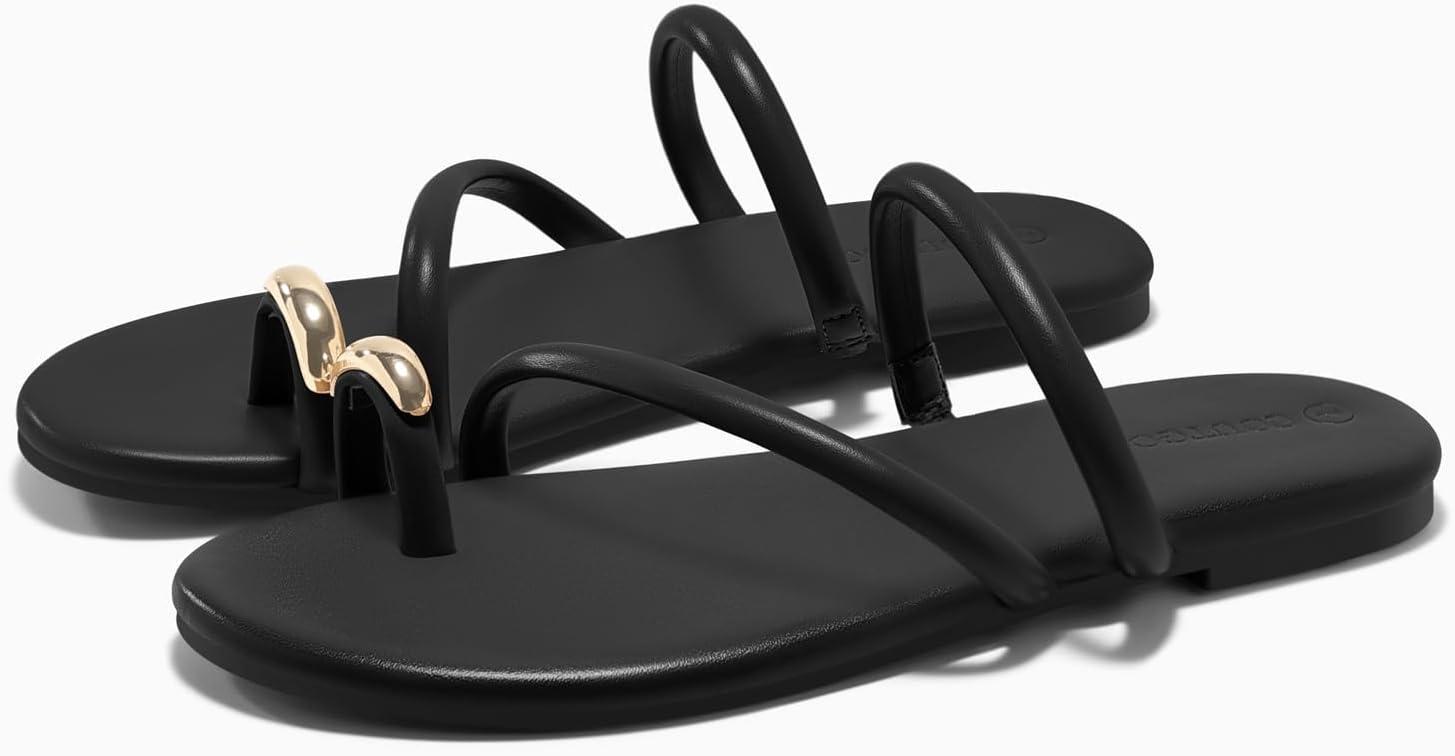 image:imageCoutgo Womens Strappy Flat Sandals Square Open Toe Flip Flops Slides Toe Ring Summer Dress ShoesBlack