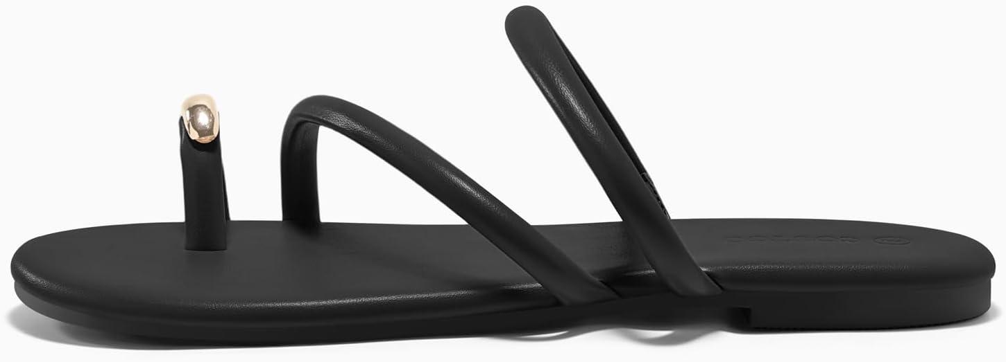 image:imageCoutgo Womens Strappy Flat Sandals Square Open Toe Flip Flops Slides Toe Ring Summer Dress ShoesBlack