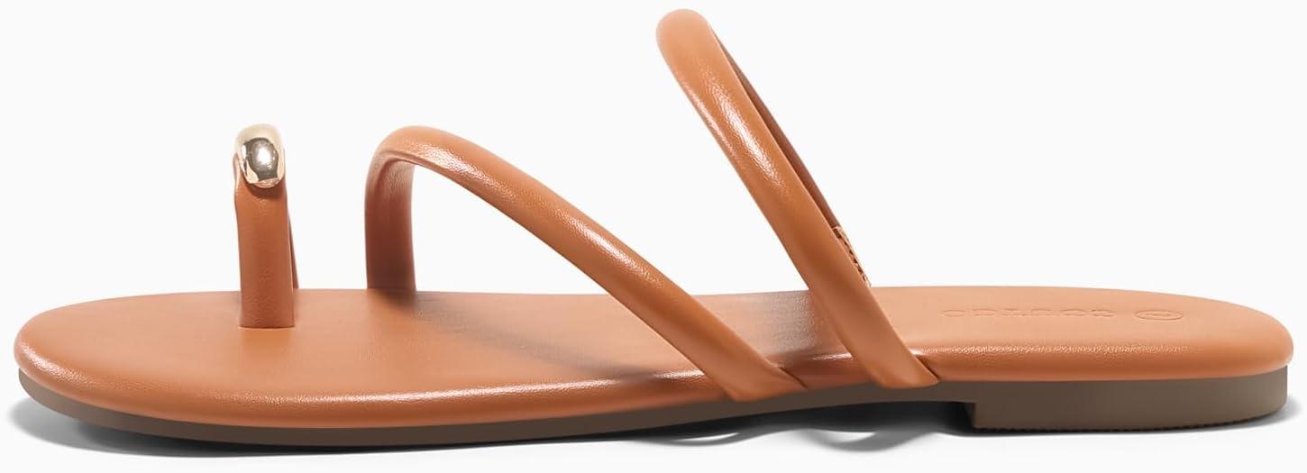 image:imageCoutgo Womens Strappy Flat Sandals Square Open Toe Flip Flops Slides Toe Ring Summer Dress ShoesBrown
