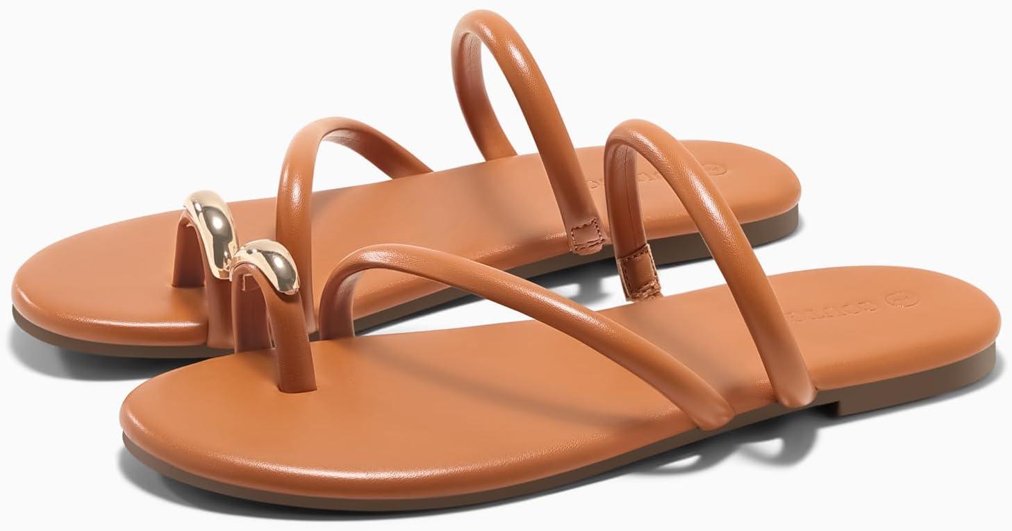 image:imageCoutgo Womens Strappy Flat Sandals Square Open Toe Flip Flops Slides Toe Ring Summer Dress ShoesBrown