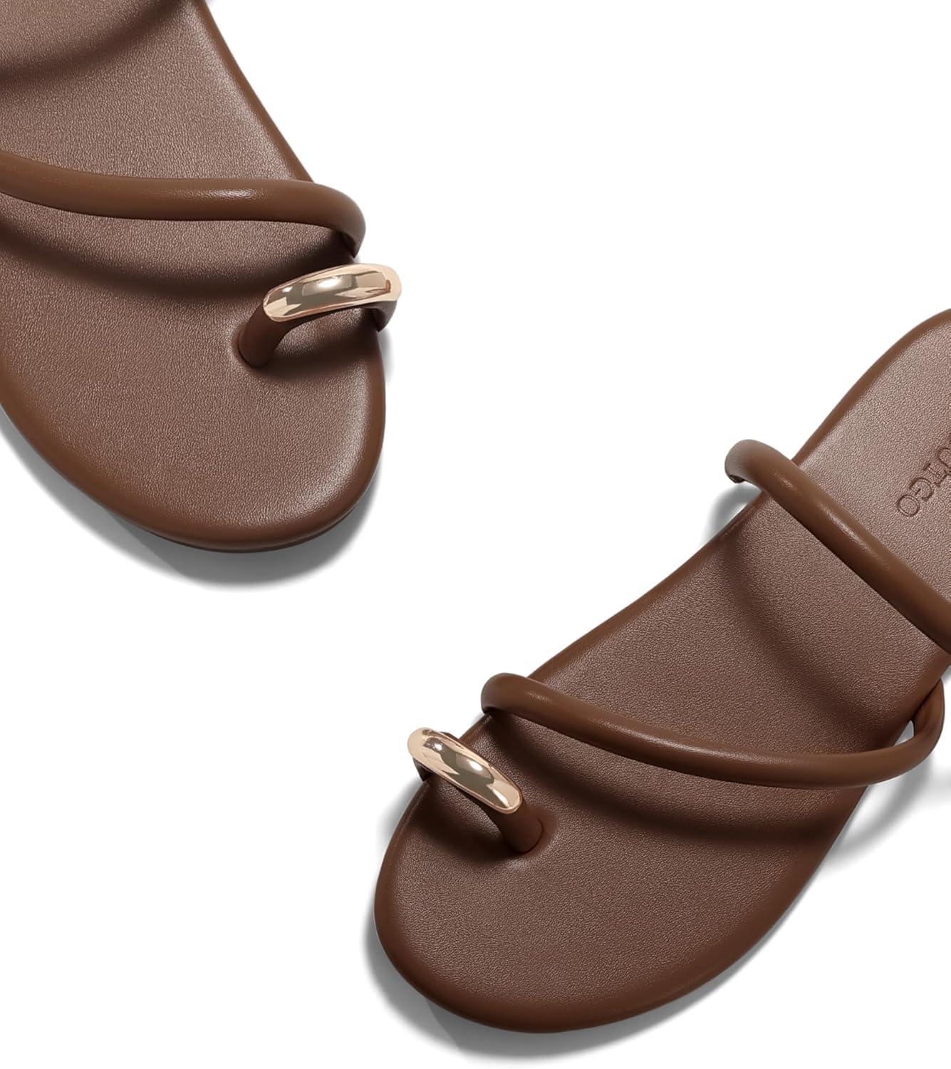 image:imageCoutgo Womens Strappy Flat Sandals Square Open Toe Flip Flops Slides Toe Ring Summer Dress ShoesCoffee