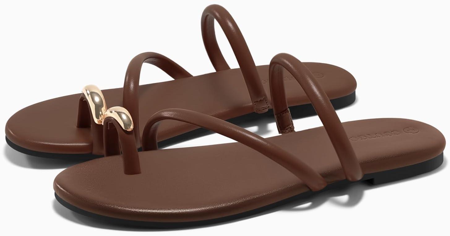 image:imageCoutgo Womens Strappy Flat Sandals Square Open Toe Flip Flops Slides Toe Ring Summer Dress ShoesCoffee