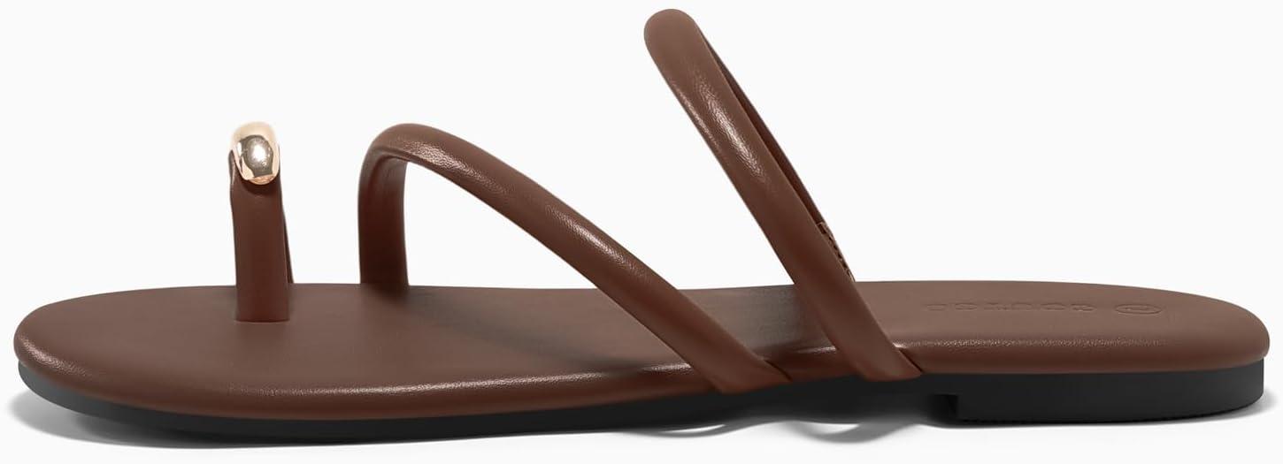 image:imageCoutgo Womens Strappy Flat Sandals Square Open Toe Flip Flops Slides Toe Ring Summer Dress ShoesCoffee
