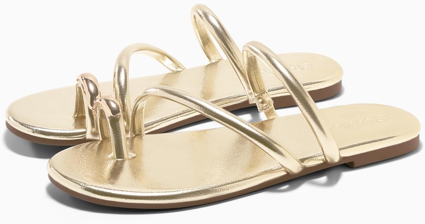 image:imageCoutgo Womens Strappy Flat Sandals Square Open Toe Flip Flops Slides Toe Ring Summer Dress ShoesLight Gold