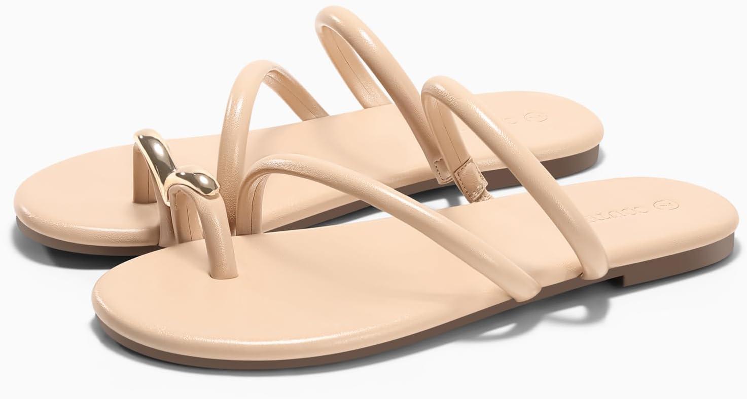image:imageCoutgo Womens Strappy Flat Sandals Square Open Toe Flip Flops Slides Toe Ring Summer Dress ShoesLight Khaki