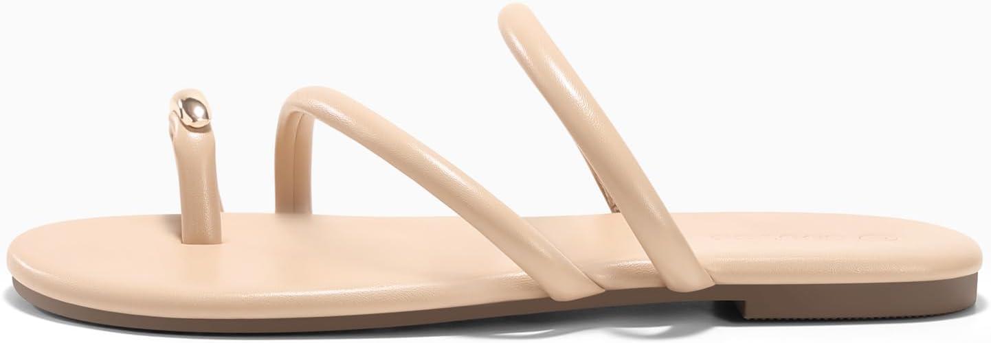 image:imageCoutgo Womens Strappy Flat Sandals Square Open Toe Flip Flops Slides Toe Ring Summer Dress ShoesLight Khaki
