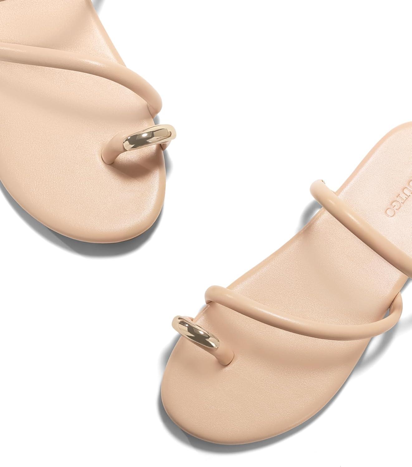 image:imageCoutgo Womens Strappy Flat Sandals Square Open Toe Flip Flops Slides Toe Ring Summer Dress ShoesLight Khaki