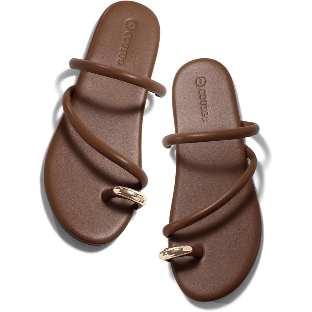 image:imageCoutgo Womens Strappy Flat Sandals Square Open Toe Flip Flops Slides Toe Ring Summer Dress ShoesCoffee