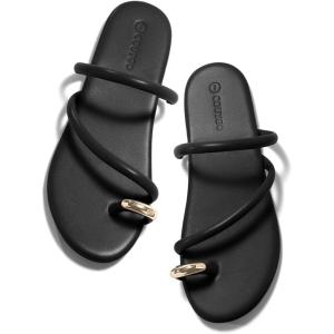 Coutgo Womens Strappy Flat Sandals Square Open Toe Flip Flops Slides Toe Ring Summer Dress Shoes(Black)