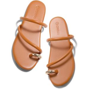 Coutgo Womens Strappy Flat Sandals Square Open Toe Flip Flops Slides Toe Ring Summer Dress Shoes(Brown)