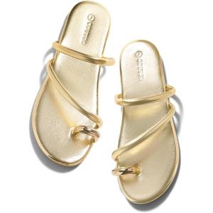 Coutgo Womens Strappy Flat Sandals Square Open Toe Flip Flops Slides Toe Ring Summer Dress Shoes(Light Gold)