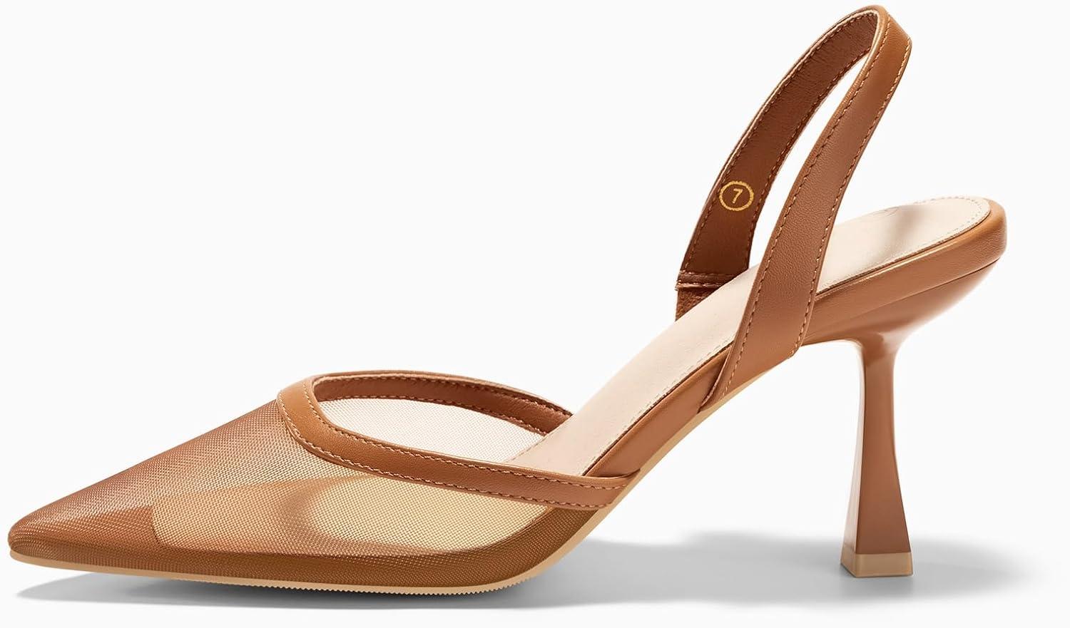 image:imageCoutgo Womens Mesh Kitten Heels Slingback Closed Pointed Toe Stiletto Pumps Sandals Sexy Party Dress ShoesBrown