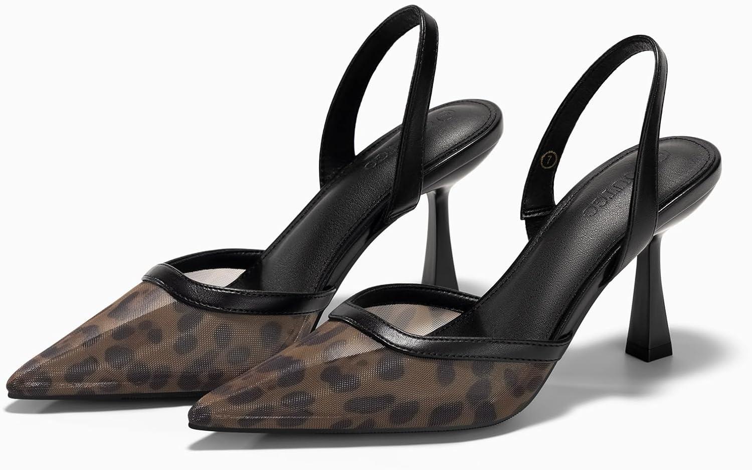 image:imageCoutgo Womens Mesh Kitten Heels Slingback Closed Pointed Toe Stiletto Pumps Sandals Sexy Party Dress ShoesLeopard Mesh