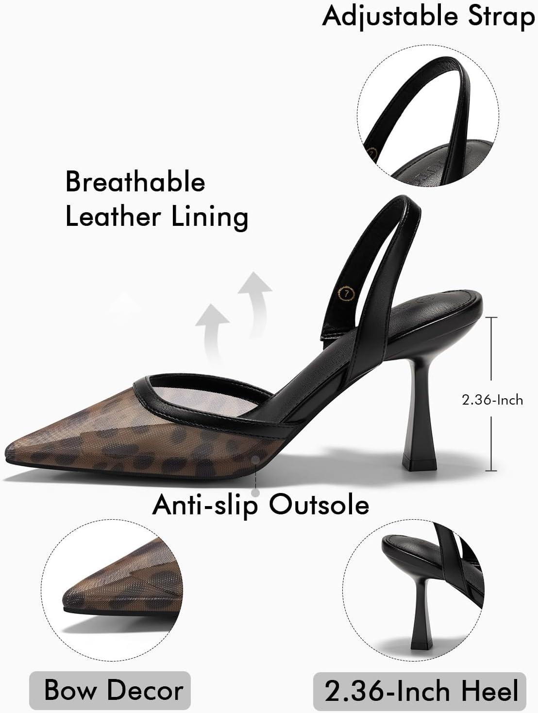 image:imageCoutgo Womens Mesh Kitten Heels Slingback Closed Pointed Toe Stiletto Pumps Sandals Sexy Party Dress ShoesLeopard Mesh