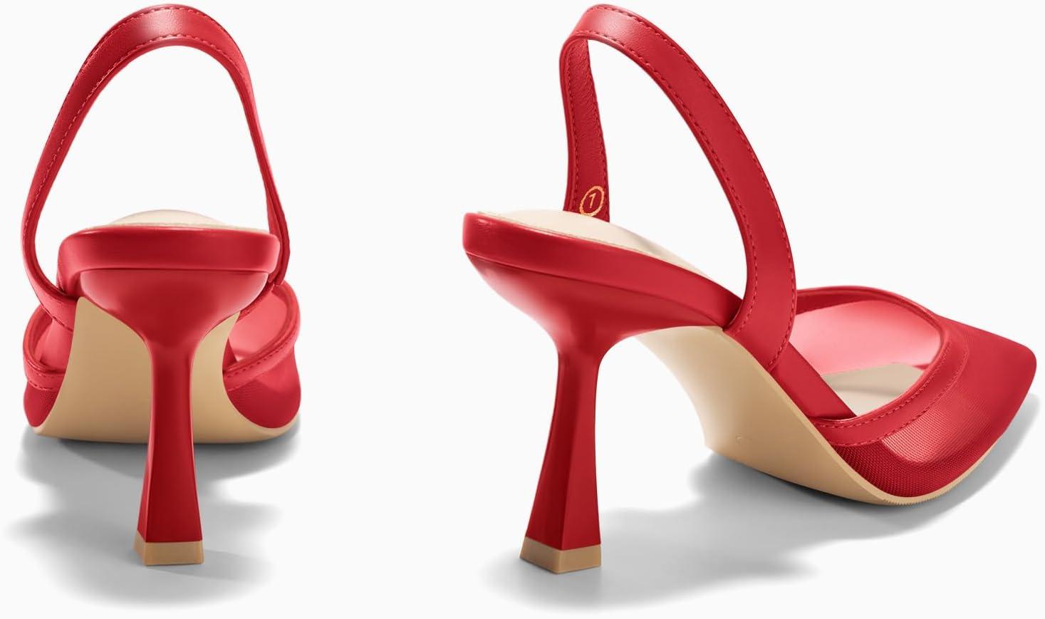 image:imageCoutgo Womens Mesh Kitten Heels Slingback Closed Pointed Toe Stiletto Pumps Sandals Sexy Party Dress ShoesRed