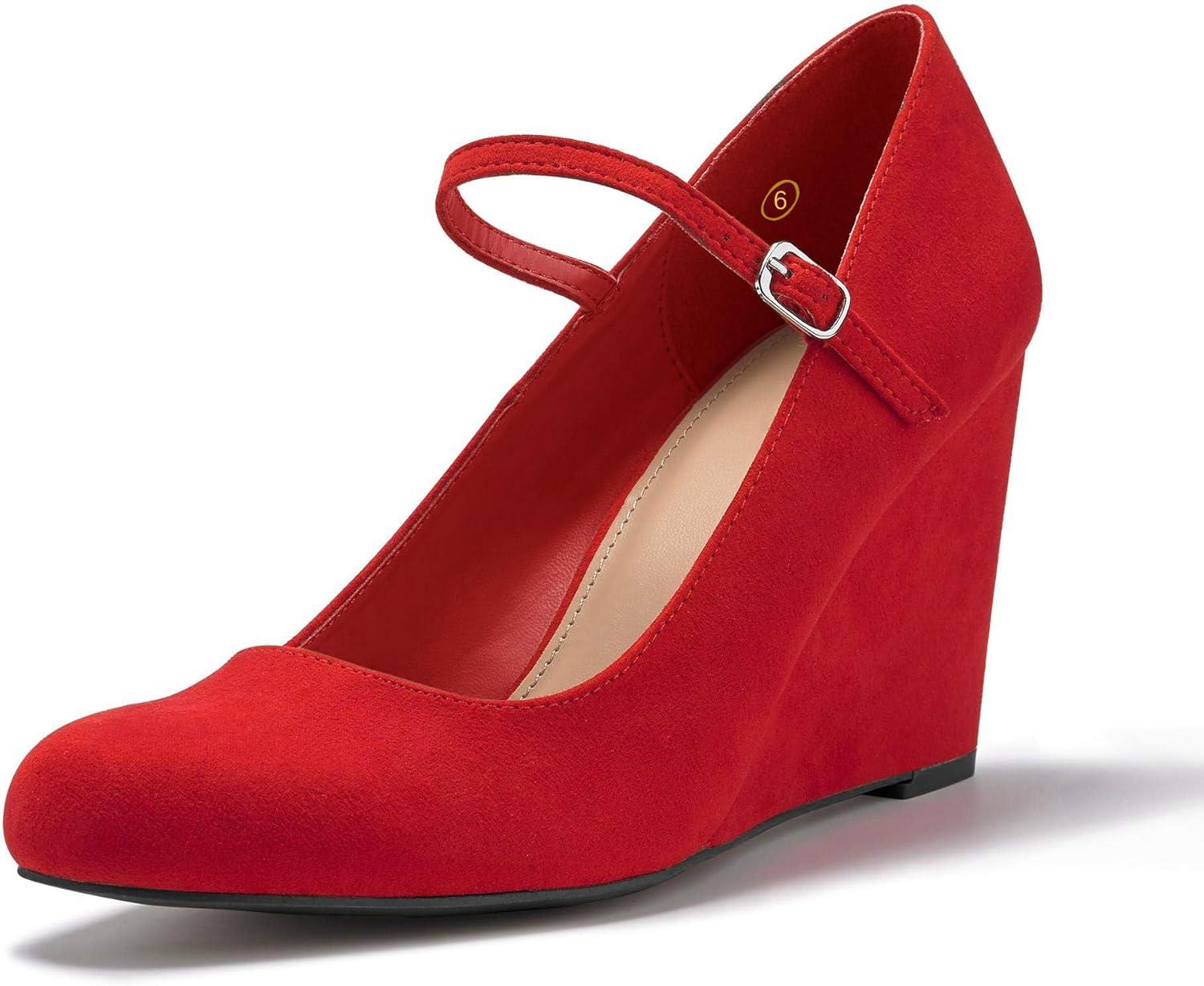 image:imageCoutgo Womens Wedge Pumps Dressy Mary Jane Shoes Comfort Wedges Closed Toe Ankle Strap Heeled ShoesRed