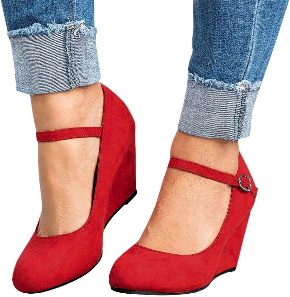 image:imageCoutgo Womens Wedge Pumps Dressy Mary Jane Shoes Comfort Wedges Closed Toe Ankle Strap Heeled ShoesRed