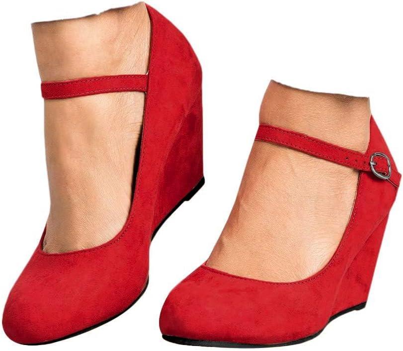 image:imageCoutgo Womens Wedge Pumps Dressy Mary Jane Shoes Comfort Wedges Closed Toe Ankle Strap Heeled ShoesRed