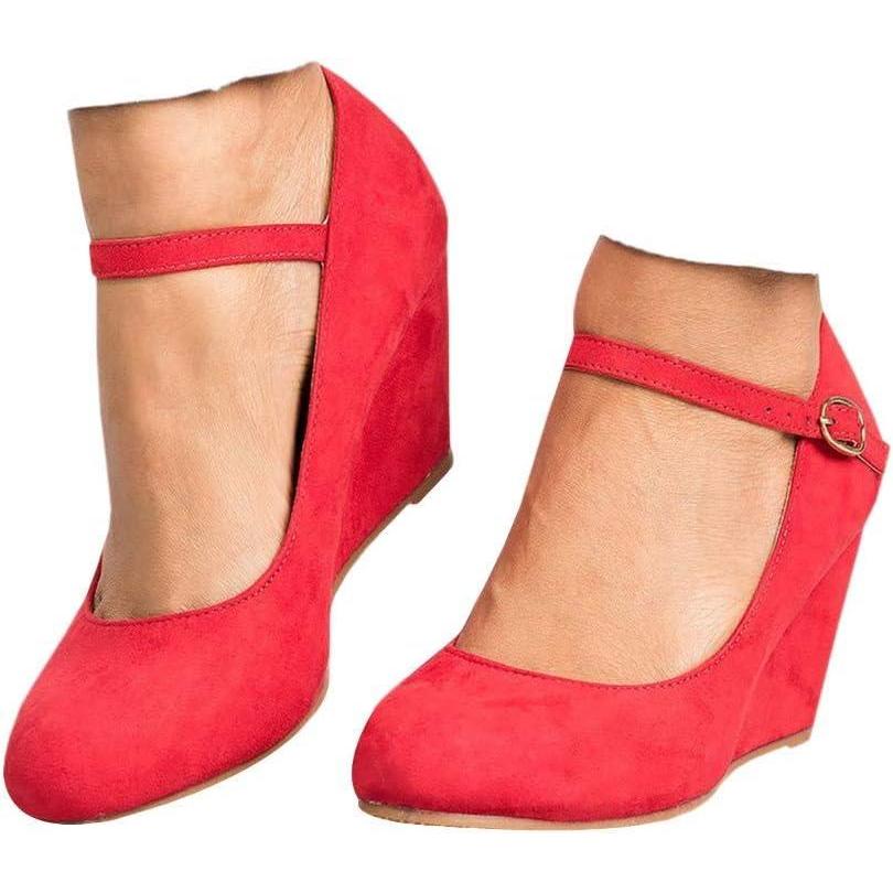 image:imageCoutgo Womens Wedge Pumps Dressy Mary Jane Shoes Comfort Wedges Closed Toe Ankle Strap Heeled ShoesRed