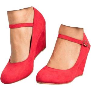 Coutgo Womens Wedge Pumps Dressy Mary Jane Shoes Comfort Wedges Closed Toe Ankle Strap Heeled Shoes(Red)