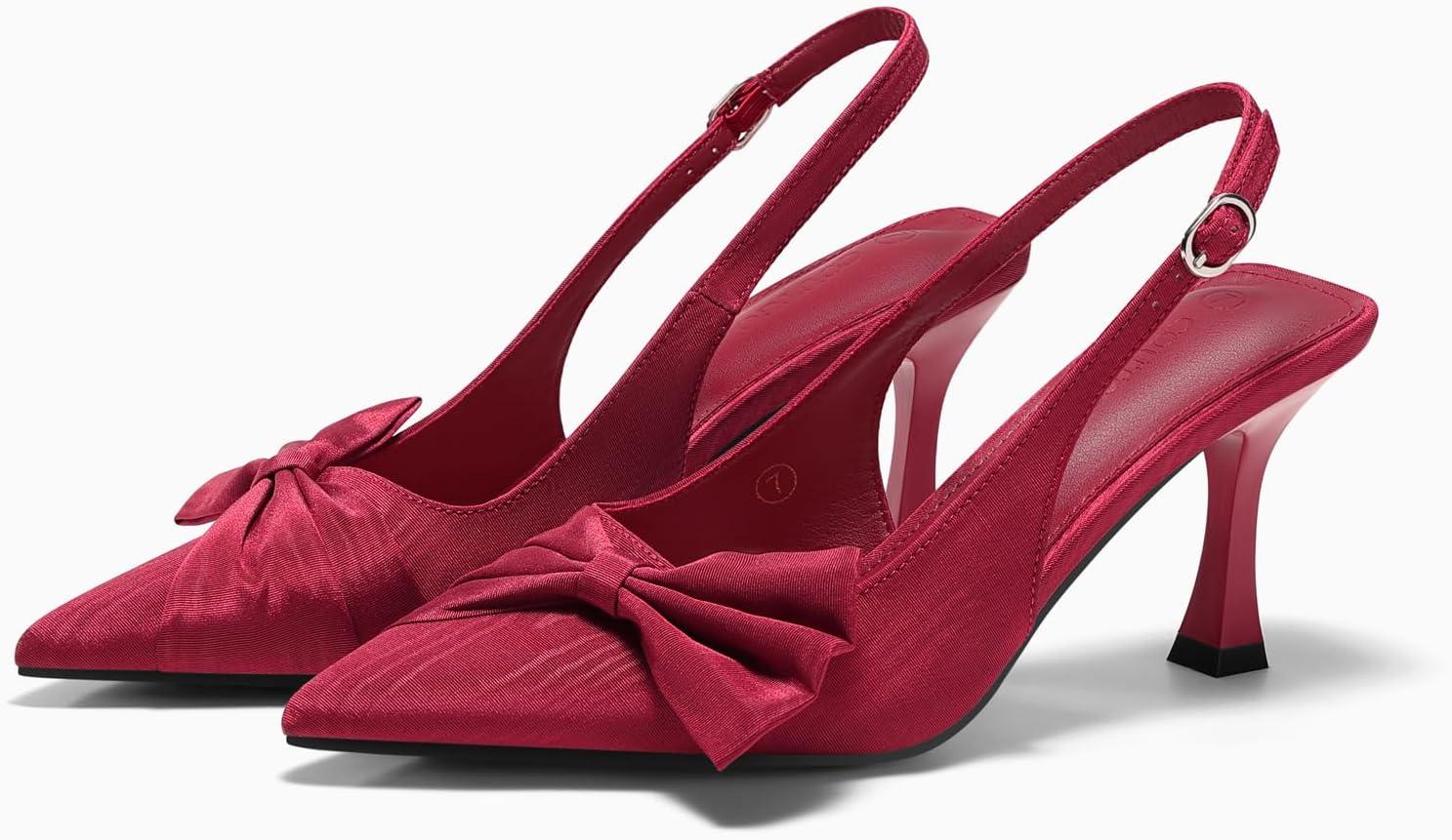 image:imageCoutgo Womens Slingback High Heels Bow Tie Closed Pointed Toe Pumps Wedding Party Dress ShoesBurgundy
