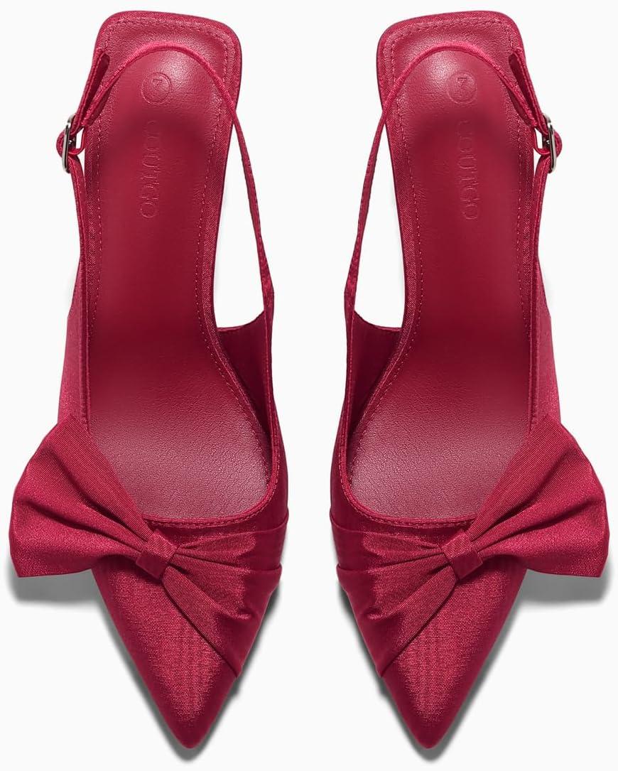 image:imageCoutgo Womens Slingback High Heels Bow Tie Closed Pointed Toe Pumps Wedding Party Dress ShoesBurgundy