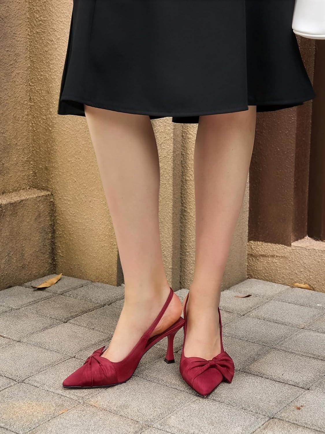 image:imageCoutgo Womens Slingback High Heels Bow Tie Closed Pointed Toe Pumps Wedding Party Dress ShoesBurgundy