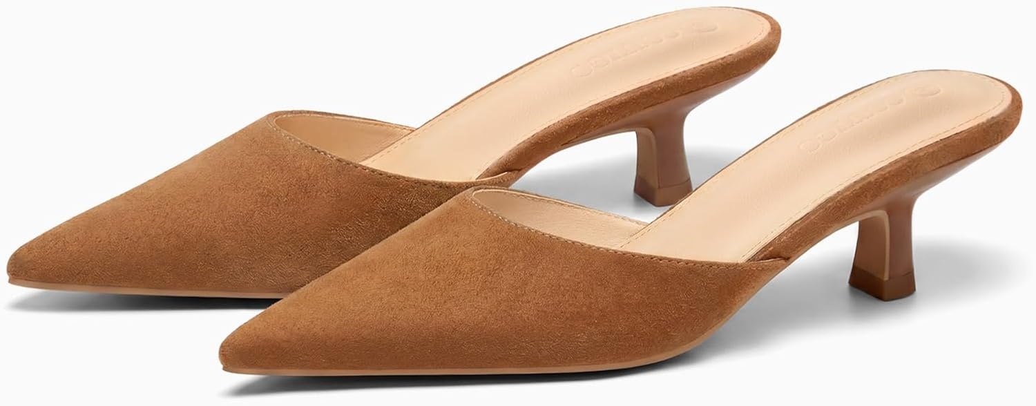 image:imageCoutgo Womens Kitten Low Heels Mules Closed Pointed Toe Pumps Slip On Backless Dress ShoesSuede Dark Brown