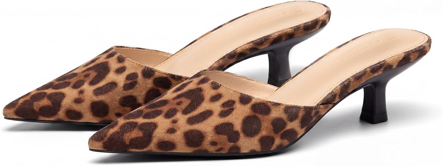 image:imageCoutgo Womens Kitten Low Heels Mules Closed Pointed Toe Pumps Slip On Backless Dress ShoesSuede Leopard
