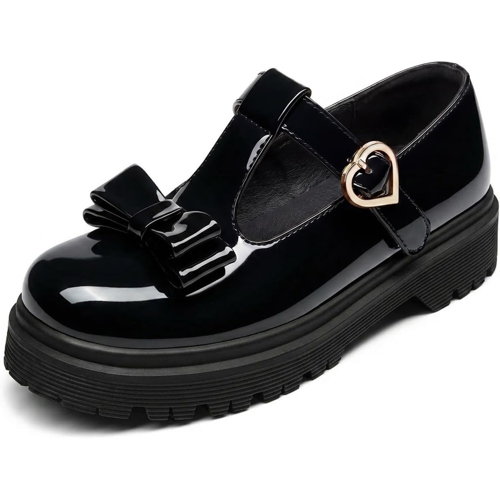image:imageCoutgo Girls Mary Jane Dress Shoes Chunky Platform Loafers School Uniform Closed Toe T Strap Flats with BowBlack
