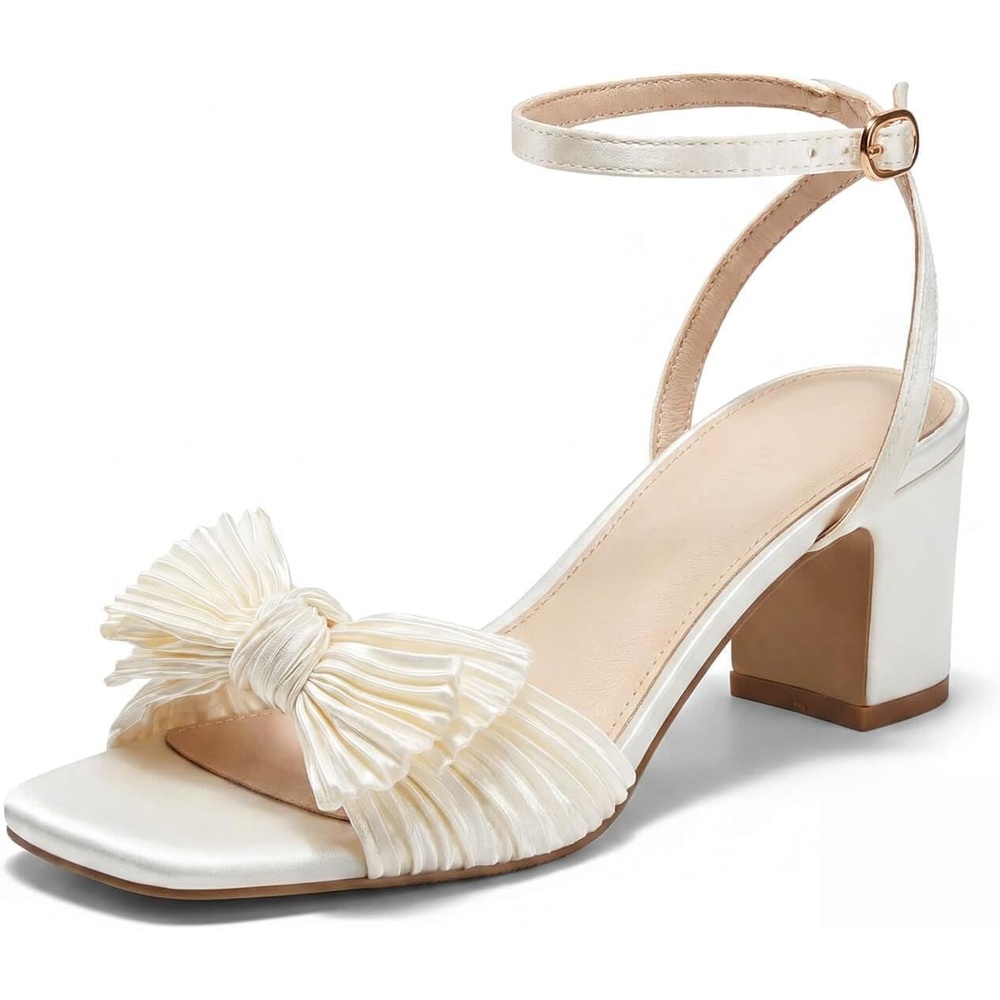 image:imageCoutgo Womens Bow Heels Sandals Block Low Heel Wedding Bride Dressy Shoes Open Toe Ankle Strap SandalsBeige