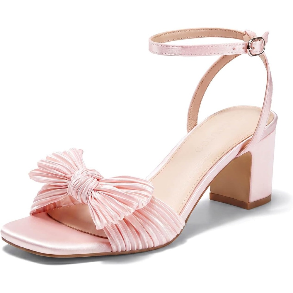 image:imageCoutgo Womens Bow Heels Sandals Block Low Heel Wedding Bride Dressy Shoes Open Toe Ankle Strap SandalsNude Pink