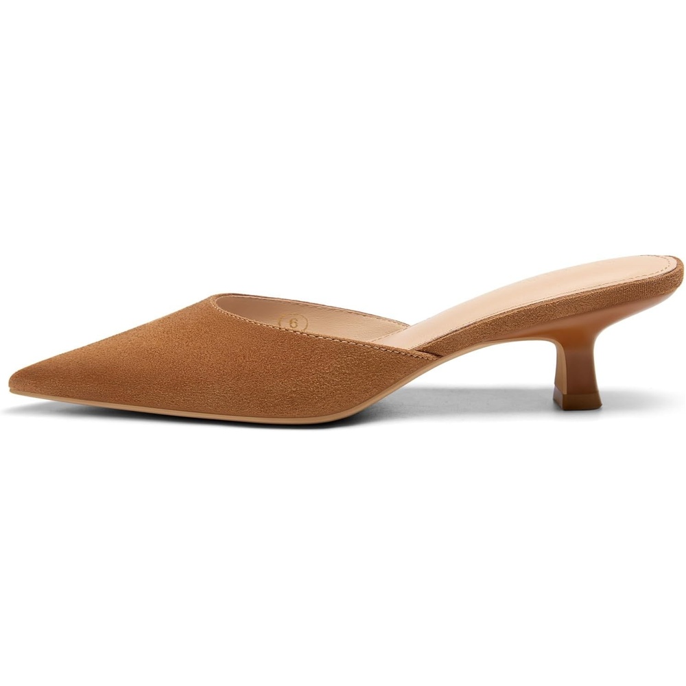 image:imageCoutgo Womens Kitten Low Heels Mules Closed Pointed Toe Pumps Slip On Backless Dress ShoesSuede Dark Brown