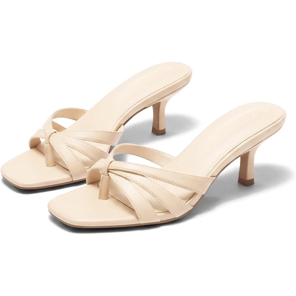 image:imageCoutgo Womens Strappy Kitten Heels Sandals Square Open Toe Flip Flops Slip On Slides Summer Dress ShoesBeige