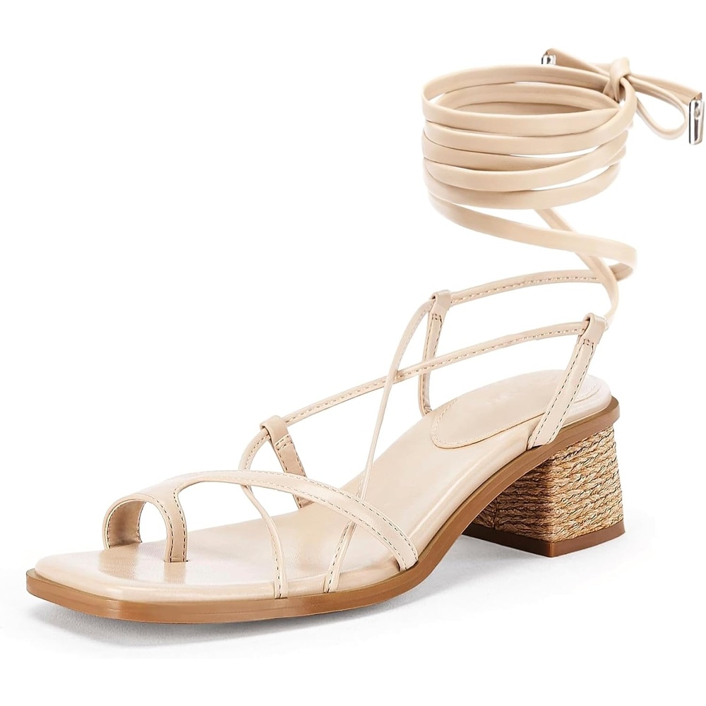 image:imageWomens Strappy Heels Thong Gladiator Flat Sandals Dressy Summer Low Chunky Block Heeled Roman ShoesApricot