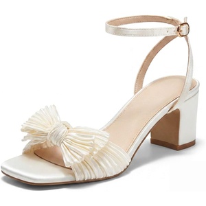 Coutgo Womens Bow Heels Sandals Block Low Heel Wedding Bride Dressy Shoes Open Toe Ankle Strap Sandals(Beige)