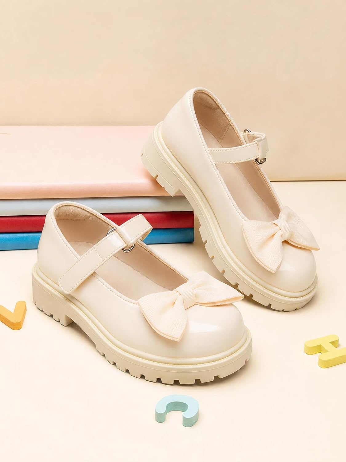 image:imageCoutgo Girls Mary Jane Dress Shoes Bow Closed Toe Chunky Heel Flats Platform Loafers School Uniform ShoesBeige