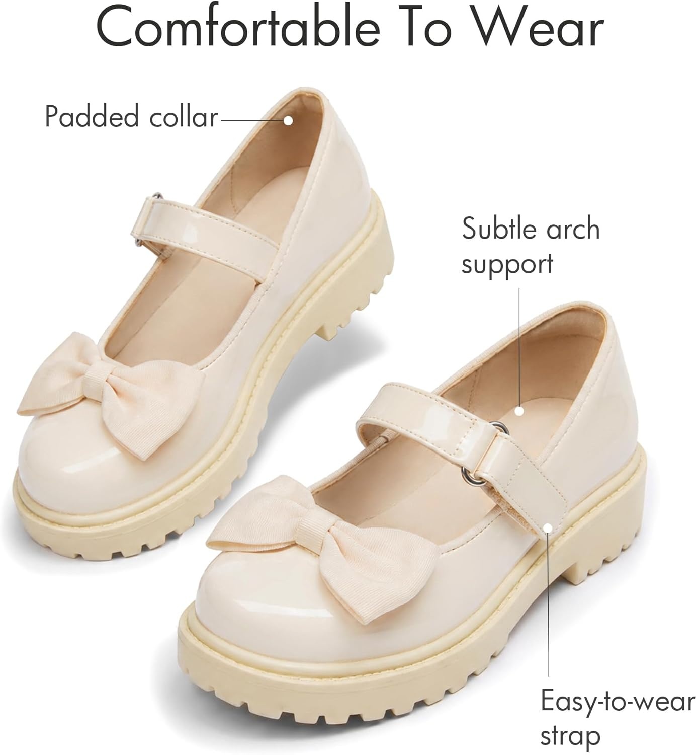 image:imageCoutgo Girls Mary Jane Dress Shoes Bow Closed Toe Chunky Heel Flats Platform Loafers School Uniform ShoesBeige
