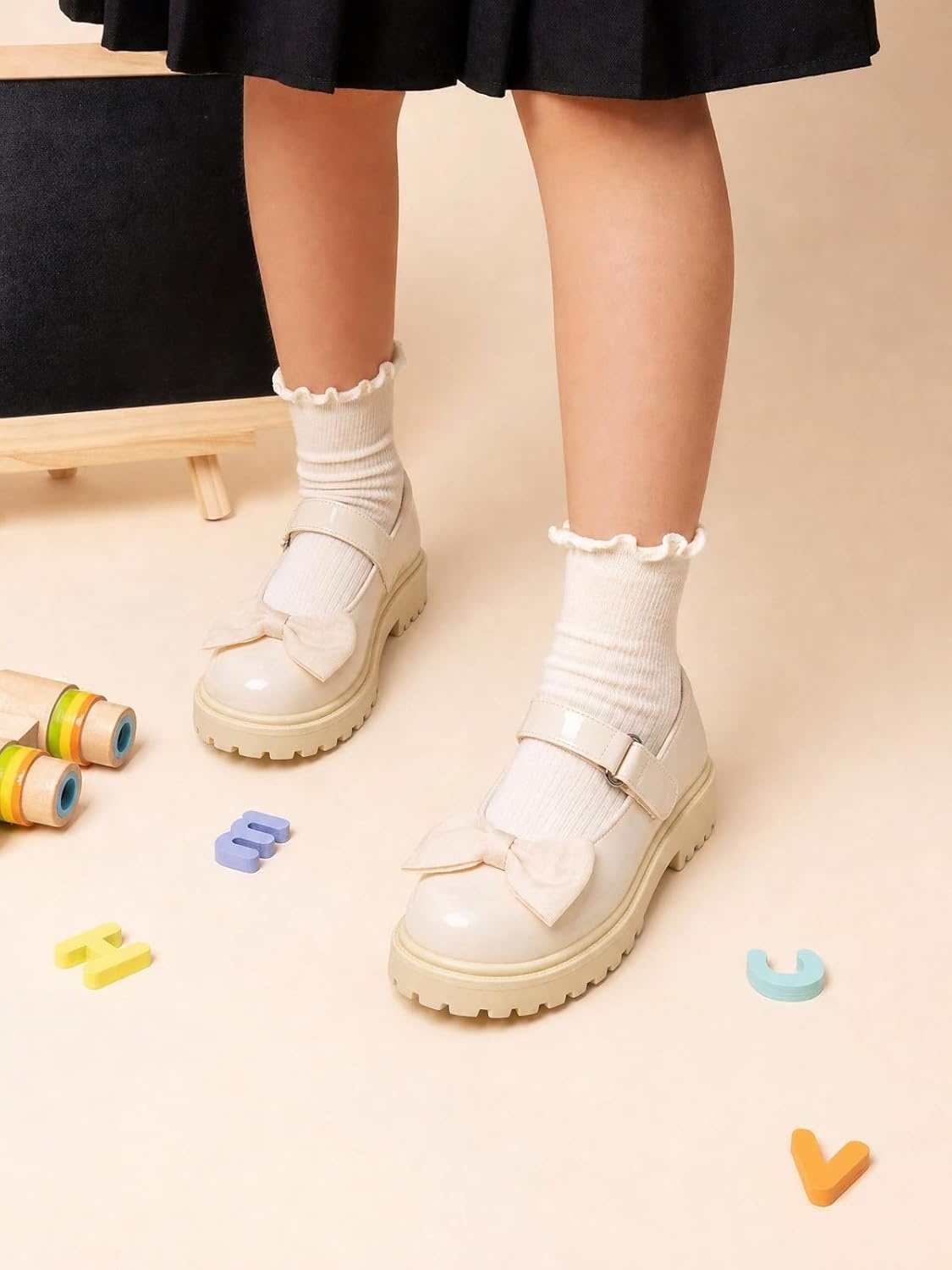 image:imageCoutgo Girls Mary Jane Dress Shoes Bow Closed Toe Chunky Heel Flats Platform Loafers School Uniform ShoesBeige