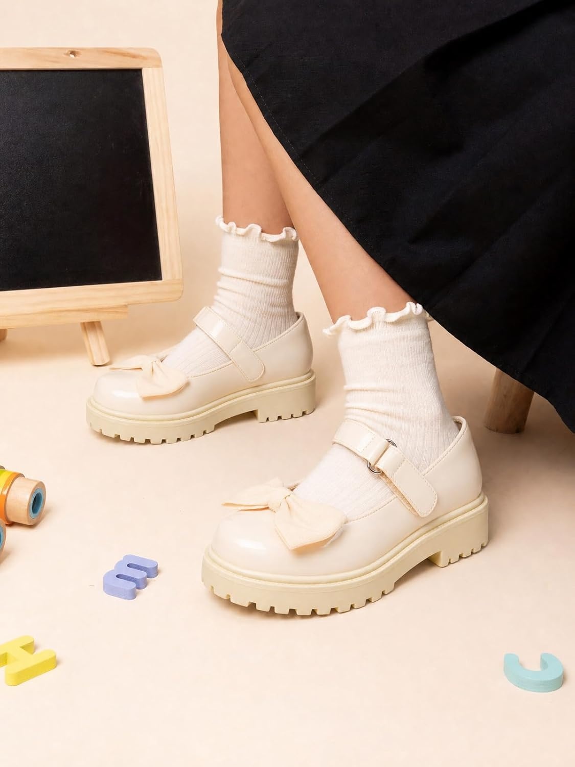 image:imageCoutgo Girls Mary Jane Dress Shoes Bow Closed Toe Chunky Heel Flats Platform Loafers School Uniform ShoesBeige