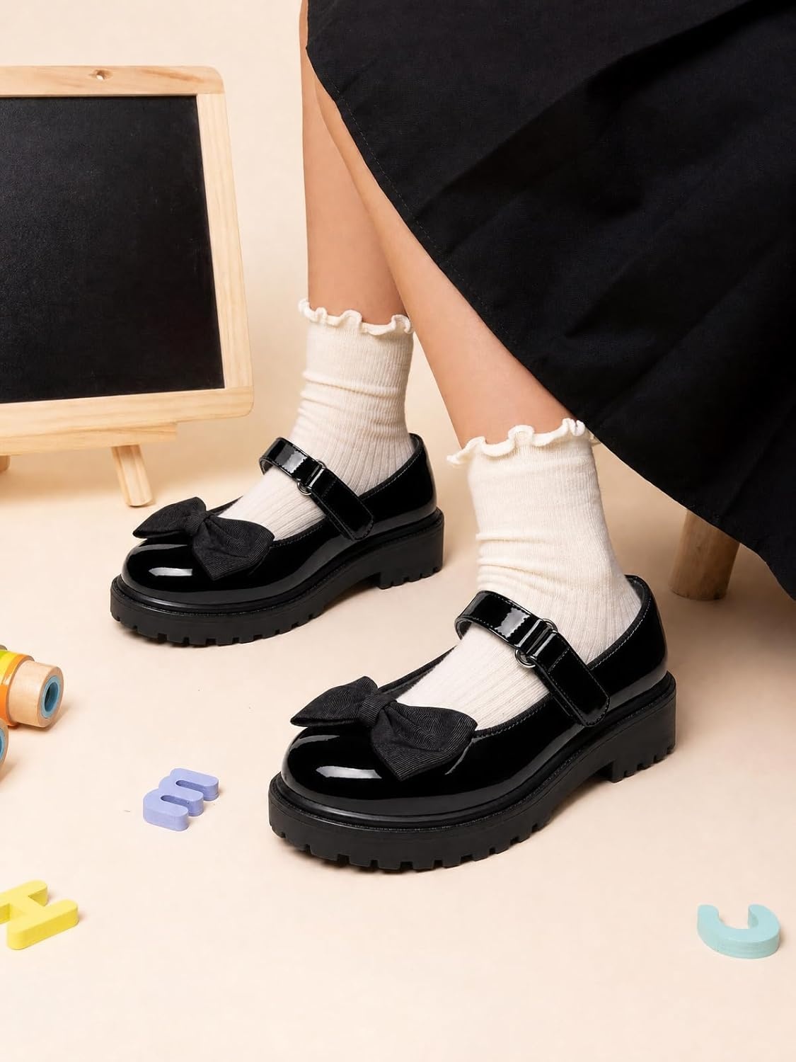 image:imageCoutgo Girls Mary Jane Dress Shoes Bow Closed Toe Chunky Heel Flats Platform Loafers School Uniform ShoesBlack