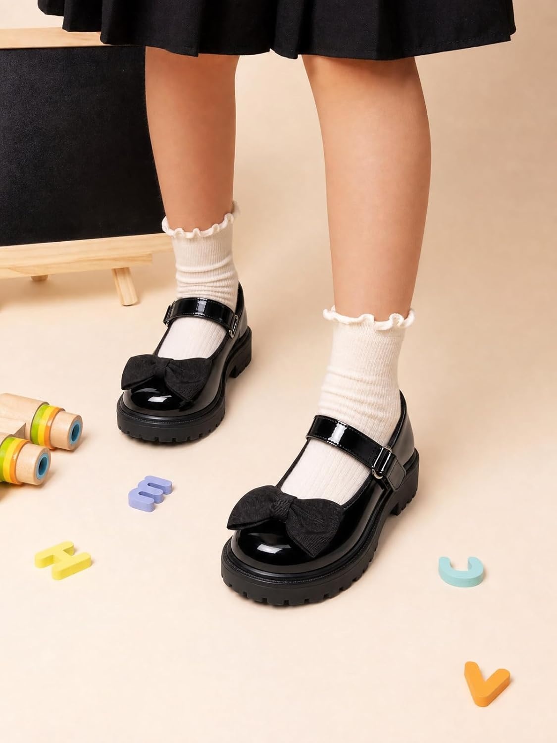 image:imageCoutgo Girls Mary Jane Dress Shoes Bow Closed Toe Chunky Heel Flats Platform Loafers School Uniform ShoesBlack