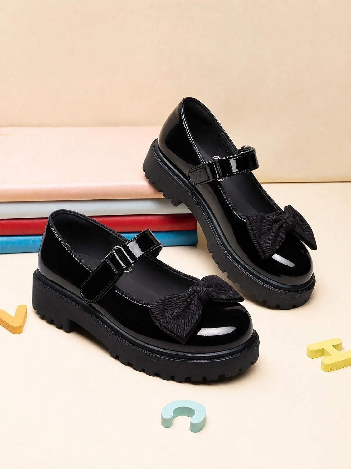 image:imageCoutgo Girls Mary Jane Dress Shoes Bow Closed Toe Chunky Heel Flats Platform Loafers School Uniform ShoesBlack