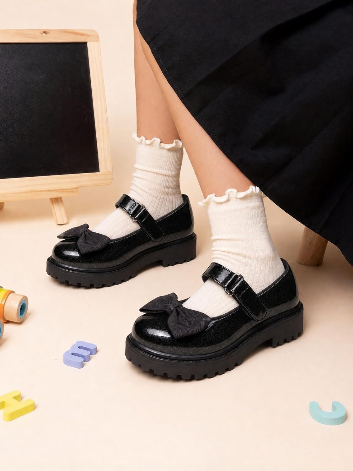 image:imageCoutgo Girls Mary Jane Dress Shoes Bow Closed Toe Chunky Heel Flats Platform Loafers School Uniform ShoesCool Black