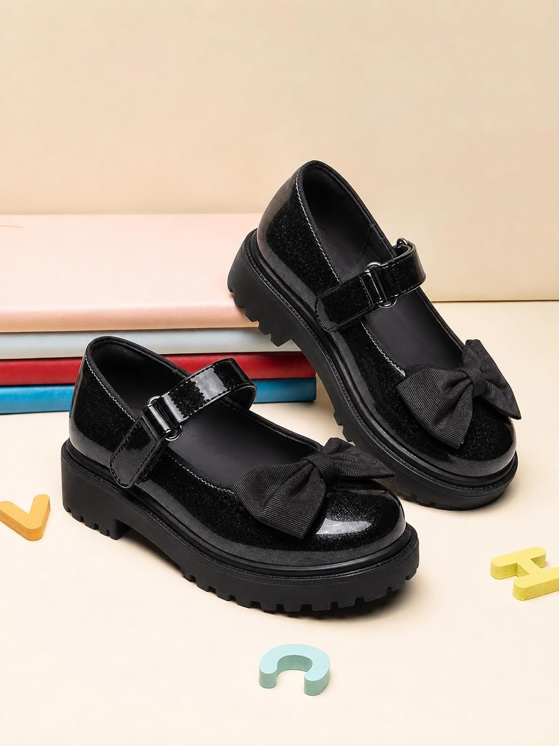 image:imageCoutgo Girls Mary Jane Dress Shoes Bow Closed Toe Chunky Heel Flats Platform Loafers School Uniform ShoesCool Black