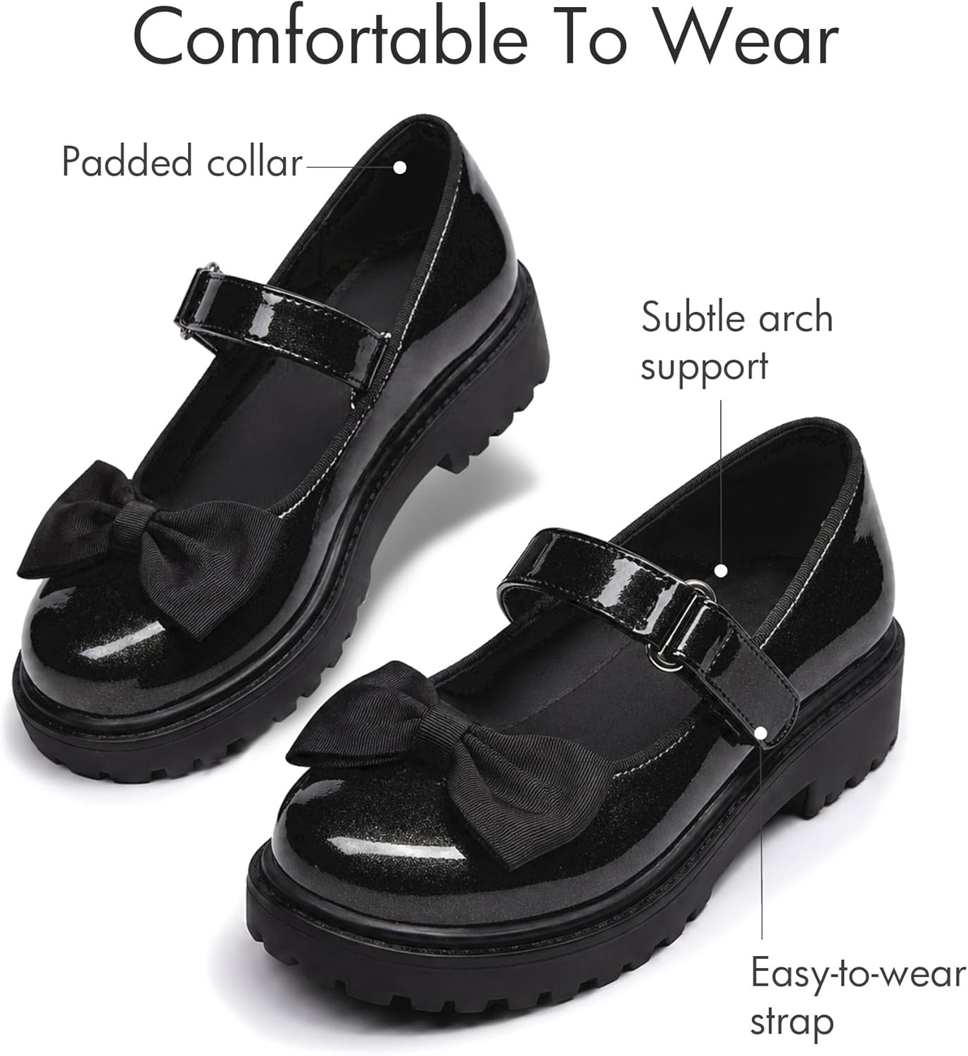 image:imageCoutgo Girls Mary Jane Dress Shoes Bow Closed Toe Chunky Heel Flats Platform Loafers School Uniform ShoesCool Black