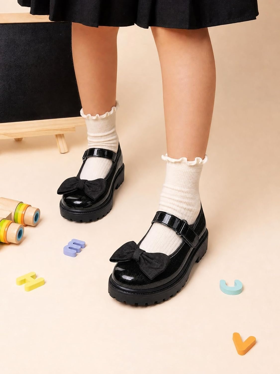 image:imageCoutgo Girls Mary Jane Dress Shoes Bow Closed Toe Chunky Heel Flats Platform Loafers School Uniform ShoesCool Black