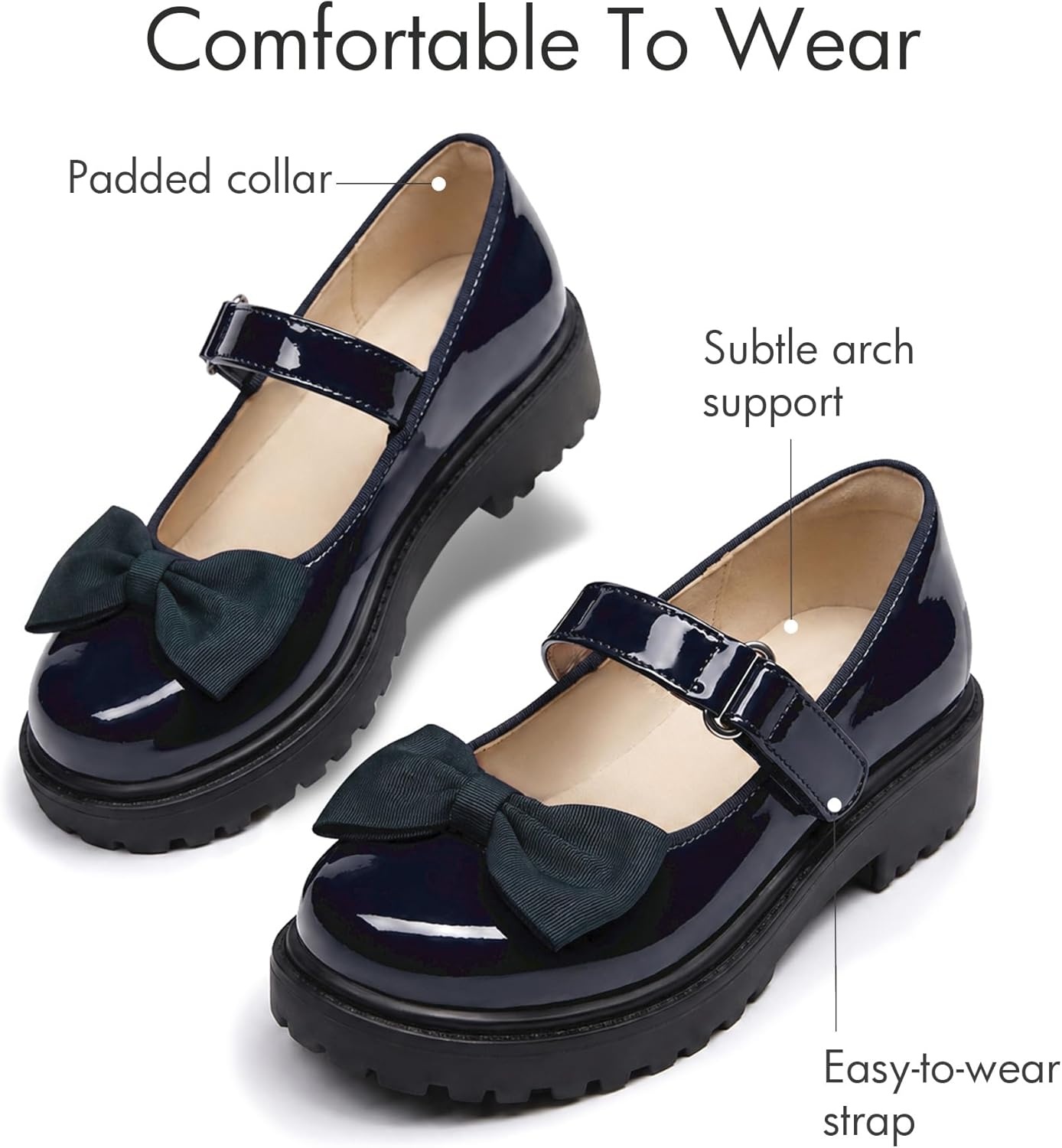image:imageCoutgo Girls Mary Jane Dress Shoes Bow Closed Toe Chunky Heel Flats Platform Loafers School Uniform ShoesNavy
