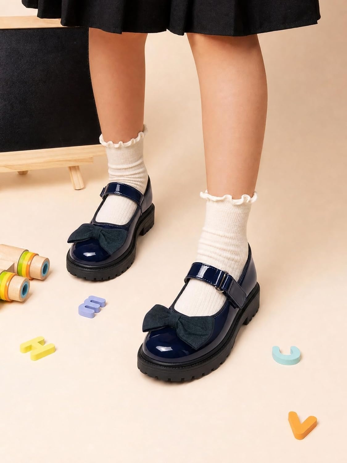 image:imageCoutgo Girls Mary Jane Dress Shoes Bow Closed Toe Chunky Heel Flats Platform Loafers School Uniform ShoesNavy
